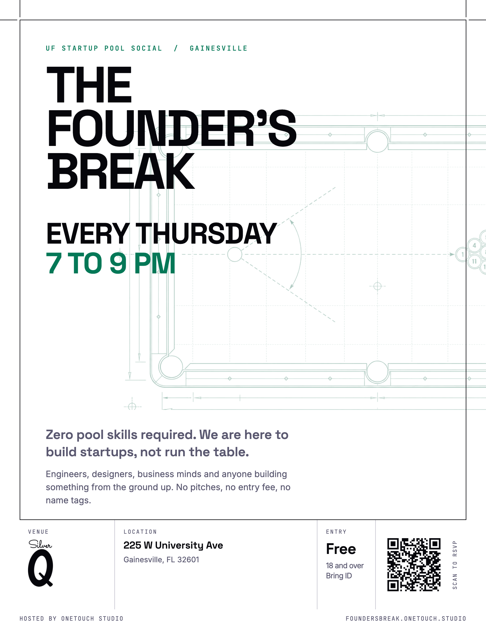 The printable flyer: The Founder's Break, every Thursday 7 to 9 PM at Silver Q, 225 W University Ave.